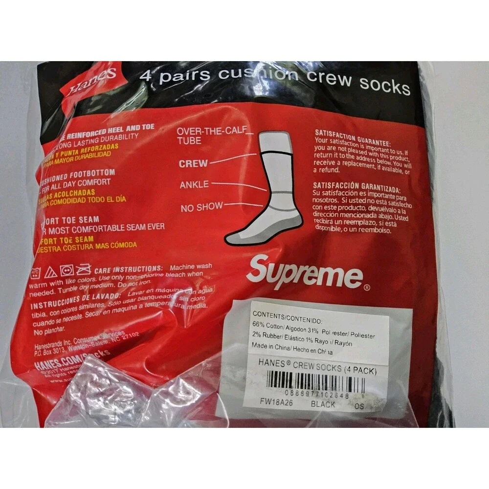 Supreme X Hanes Cushioned Crew 4 Pack Socks Black Size 6-12